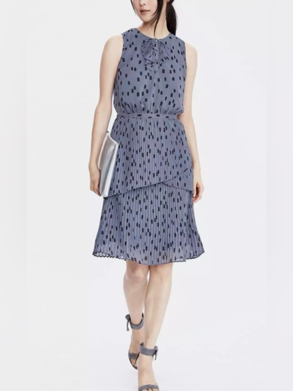 Banana Republic Sleeveless Slate Blue Pleated Polka Dot Dress SZ 2 EUC